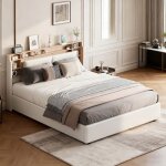 Lit coffre 160x200 led blanc simili?cuir - sommier inclus rangement hydraulique et t�te de lit tablette ...