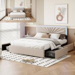 Lit 160x200 cm - led - tissu en lin - lit adulte 160x200 cm - 160x200 cm - beige Lit 160x200 cm - led - tissu en lin - lit adulte 160x200 cm - 160x200 cm - beige