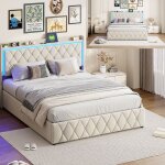 Lit 160x200 cm - led - usb - tissu en velours - cadre de lit adulte - lit adulte 160x200 cm - 160x200 ...