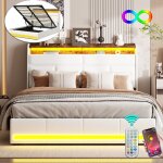 Lit 160x200 cm luminarix lit double support  ressort  gaz lit coffre led lit rembourr blanc lit adulte ...