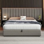 Lit coffre - langtu - 160x200 - t�te rembourr�e gris - ports usb type?c & led - 4 tiroirs