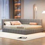 Lit 160x200 cm en velours gris t�te capitonn�e et accoudoir style mid - century transformable en banquette ...