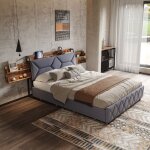 Lit 160x200 gris avec rangement intgr tte de lit confortable ports usb et 4 tiroirs sous le lit ? ...