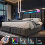 Lit 160x200 avec sommier - lit coffre de rangement pour 2 personnes - lit double adulte led avec prise ...