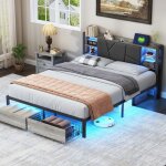 Lit 160x200 avec sommier led et usb lit double en m�tal avec 2 tiroirs tete de lit avec rangement