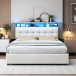 Lit 160x200 avec sommier rangement intelligent hydraulique + led structure bois / noir velours blanc ...