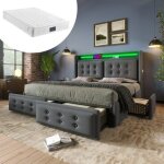 Lit 160x200 avec t�te de lit led et fonction de charge usb c et 4 tiroirs lit double avec lin gris matelas ...