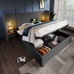 Lit 180×200 cm coffre rembourré avec table de chevet lampe et usb - sweiko - type - c lin gris Lit 180×200 cm coffre rembourré avec table de chevet lampe et usb - sweiko - type - c lin gris
