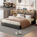 Lit coffre 180x200 cm - adwolt - led rgb - simili cuir noir - rangement pneumatique - 2 places