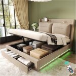 Lit 180x200 cm avec sommier � lattes avec t�te capitonn� et led - scandinave - tissu de velours - cadre ...