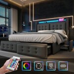 Lit 180x200 lit double avec t�te de lit led et fonction de charge usb c et 4 tiroirs lits de rangement ...