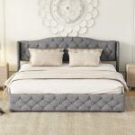 Lit 180x200 avec sommier cadre de lit 180x200cm avec tte de lit avec rangement structure stable tissu ...