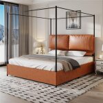 Lit 180x200 avec sommier métal lit grande taille avec tete de lit 2 coussins en cuir olonnes de baldaquin ... Lit 180x200 avec sommier métal lit grande taille avec tete de lit 2 coussins en cuir olonnes de baldaquin ...