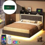 Lit double 140x200 cm avec 2 tables de chevet usb et led - rembourr� tissu lin gris - t�te de lit rangement ...