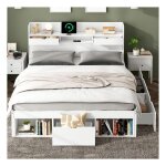 Lit 2 personnes 140x190 cm avec port usb et tiroirs lit enfant multifonctionnel avec casier blanc