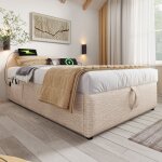 Lit 90�190 cm lit coffre simple cadre de lit avec usb - c sans t�te de lit - sweiko - lin naturel