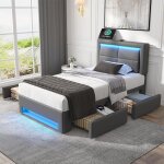 Lit 90 x 190 avec sommier led et usb avec 4 tiroirs et tete rembourr avec  lattes 1 personnes gris ...