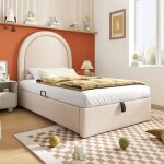 Lit coffre 90x190 cmavec motif cosmique denfant rembourr lit simple - sweiko - pu beige