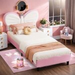 Lit enfant 90x200 t�te papillon velours rose - led - sommier � lattes inclus
