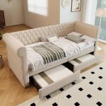 Lit 90x200 cm lit banquette canap� - lit avec 2 tiroirs simple beige