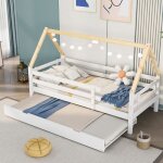 Lit 90x200 cm en bois massif blanc et naturel avec lit gigogne coulissant et barri�res de s�curit� ? ...