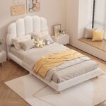 Lit 90x200 cm en peluche blanche avec t�te de lit fleurie demi?circulaire ? style moderne et enfantin ...
