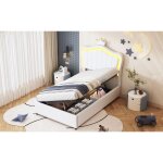 Lit 90x200 cm en simili cuir blanc t�te couronn�e led coffre hydraulique ? design moderne pour enfant ...