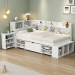 Lit simple - langtu - lit 90x200 cm avec tiroirs - blanc - sommier � lattes en bois - avec biblioth�que ...