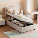 Lit 90x200 avec t�te de lit et rangement lit simple tapiss� avec sommier lit coffre cadre de lit pour ...