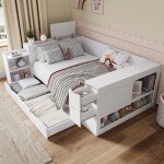 Lit adolescent lit combine 140x200cm en bois avec rangements et tables de nuit blanc