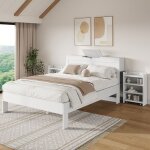 Lit adulte 140 x 200 cm chevets coulissants int�gr�s et coffre t�te de lit rangement suspendu mdf blanc ...