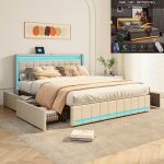 Lit 140x190 cm 4 tiroirs et led usb et type c tissu en lin cadre de lit double 140x190 cm beige