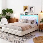 Lit adulte 140x190 cm avec led et usb - cadre de lit 140x190 cm avec sommier  lattes - tissu en velours ...