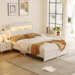 Lit adulte 140x200 cm - adwolt - velours beige - sommier led - 2 tiroirs - usb int�gr�