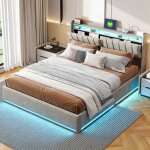 Lit adulte 140x200 cm avce led et usb lit rembourr� en velours lit coffre avce rangement rangement de ...
