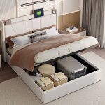 Lit adulte 140x200 cm - lit coffre avec coffre de rangement - tissu beige - tte de lit avec usb et type ...
