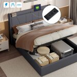 Lit adulte 140x200 cm - lit coffre - tissu gris - tte de lit avec usb - sommier  lattes - cadre en ...