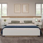 Lit adulte 140x200 cm lit double avec chevets suspendus led et ports usb cadre en bois sommier  lattes ...