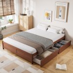Lit adulte 140x200 cm lit double - deux tiroirs avec roulettes lit pin + mdf - sweiko - rougebrun