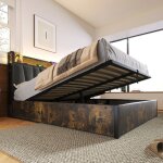 Lit adulte 140x200 cm en m�tal et lin t�te led rgbw avec prises usb coffre � v�rins gris (avec matelas) ...