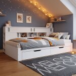 Lit adulte 140x200 cm multifonctionnel en mdf blanc tiroirs et �tag�res r�glables sommier inclus