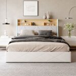 Lit adulte 140x200 cm avec sommier  lattes cozy lit coffre avec led et usb cadre de lit double tissu ...