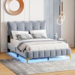 Lit adulte 140x200 cm en velours gris avec t�te rembourr�e et �clairage led multicolore ? pieds m�talliques ...