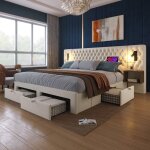 Lit adulte 160�200cm ensemble 2 chevets + 4 tiroirs t�te velours beige lampes lecture usb / type?c sommier ...