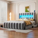 Lit adulte 160 x 200 cm sans matelas avec 4 tiroirs bande lumineuse led usb et chane hi - fi velours ...