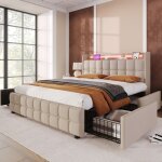 Lit adulte 160 x 200 cm avec sommier à lattes et 4 tiroirs lit double avec éclairage led et chargement ... Lit adulte 160 x 200 cm avec sommier à lattes et 4 tiroirs lit double avec éclairage led et chargement ...