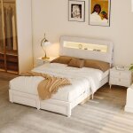 Lit adulte 160x200 cm - adwolt - velours beige - sommier led - 2 tiroirs - usb int�gr�
