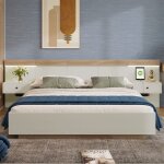 Lit adulte 160x200 cm lit double avec chevets suspendus led et ports usb cadre en bois sommier  lattes ...