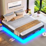 Lit 160x200 cm havenlyhome lit en lin avec lumi�res led rgb sommier � lattes pieds cach� lit adulte pour ...