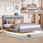 Lit adulte 160x200 cm avec led - lit double avec sommier � lattes - conception flottante - tissu en lin ...